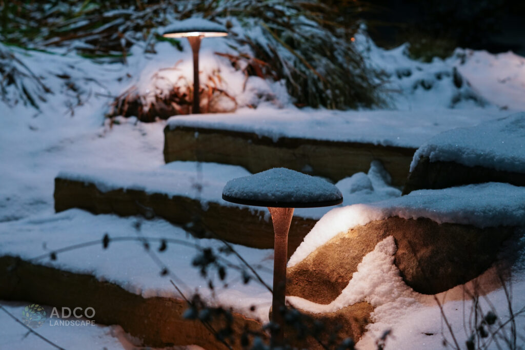 Pathway Lights lighting up natural boulder steps at night.