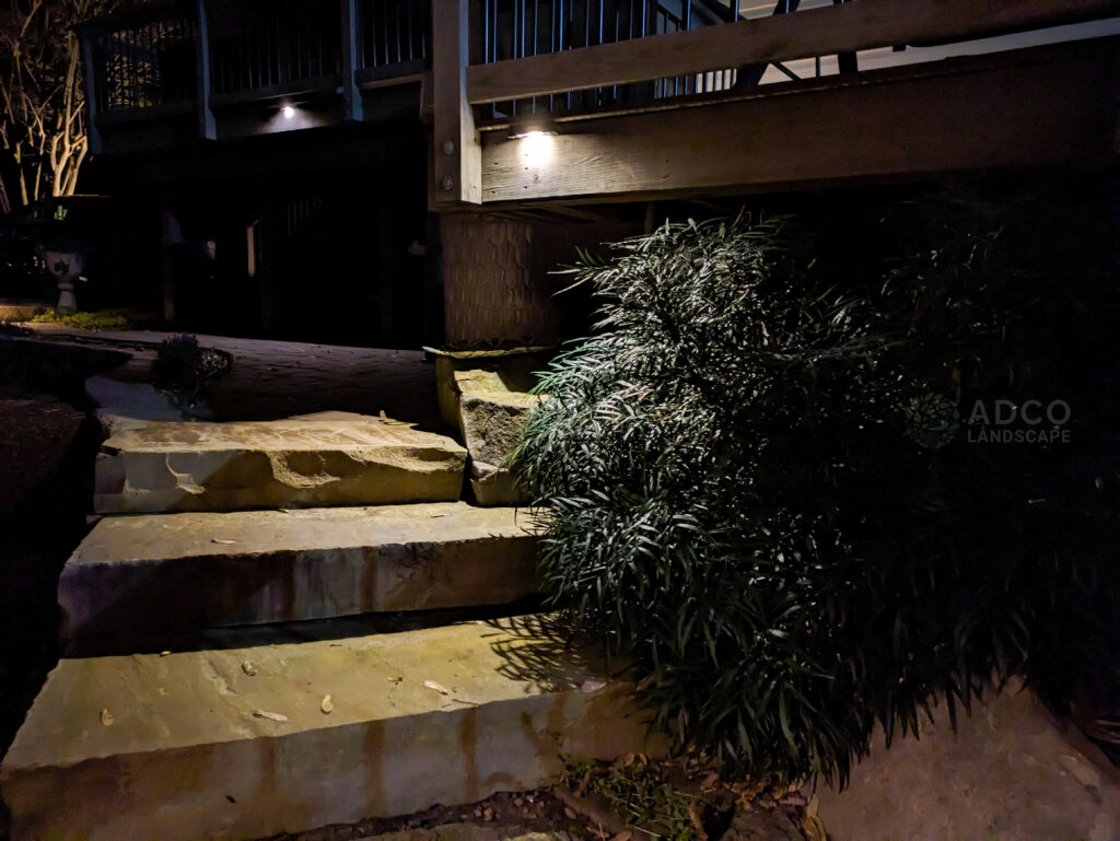 Natural stone boulder steps at night with outdoor lighting and mahonia shrub.